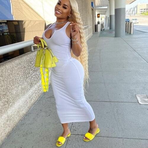 Hirigin Women Long Dress Solid Sleeveless U-neck Strechy Bodycon Midi Dresses Sexy Fashion Streetwear Party Club Summer Outfits