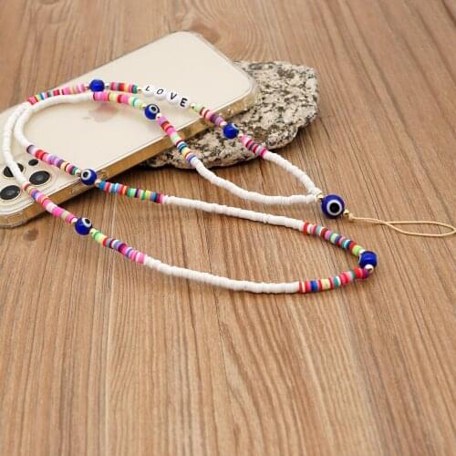 Cell Phone Chains Jewelry Evil Eye Charm For Mobile Phone Strap Clay Beads Necklace Telephone Long Neck Chain Lanyard