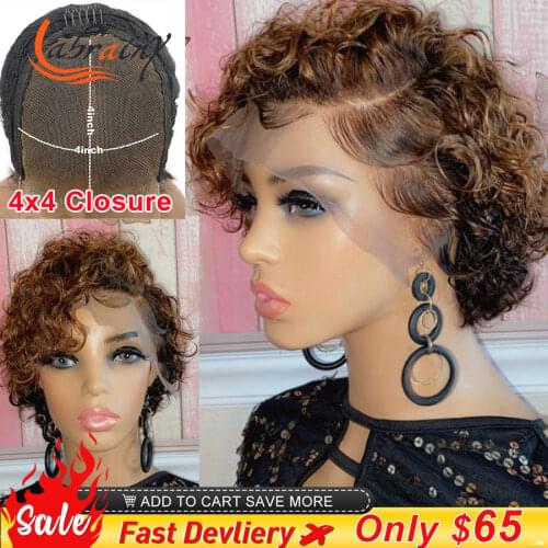 Transparent 4x4 Pixie Short Cut Bob Colored Kinky Curly Ombre Honey Blonde Swiss Lace Frontal Human Hair Wigs Pre Plucked Woman