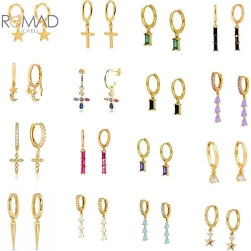 ROMAD Star Pendant Earrings Dangle Women 925 Sterling Silver Black Purple Crystal Eardrop Earrings Gold Jewelry Pendientes Plata