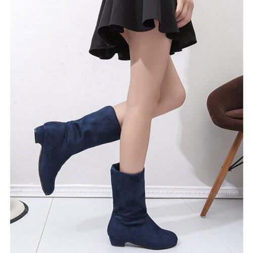 Plus Size Autumn Winter Warm Women Boots Mid-Calf Martin Boots Fashion Female Stretch Cotton Fabric Slip-on Boots Flat Shoes