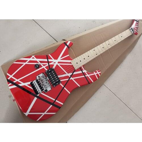 In Stock-Left handed red striped electric guitar with tremolo bar,maple fretboard,customized logo/color available