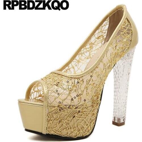 High Heels Mesh Fish Mouth Shoes Extreme Transparent Platform 14cm 6 Inch Gold Block Pumps Summer Women Pull On Sexy Casual Mesh