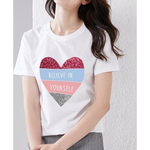 Womens Spring/Summer Fashion T-shirt Cute Love Pattern Top T-shirt Ladies Casual Plus Size Slim Easy-to-clean O-neck Shirt