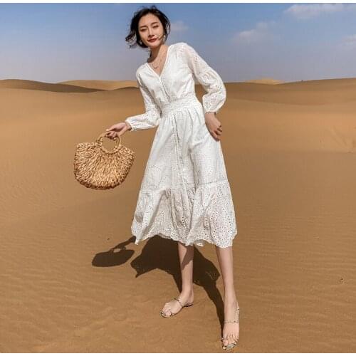 New Fashion Lace Hollow Out Embroidery White Cotton Summer Dresses Women Elegant Vintage Long Sleeve Sandy Beach Dress