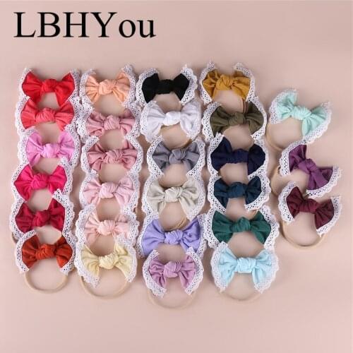 27PCS Knot Bows Nylon Headbands With Lace Trims.Super Soft Nylon Cotton Bowknot With Elastic Headband,Baby Girls Hairbands