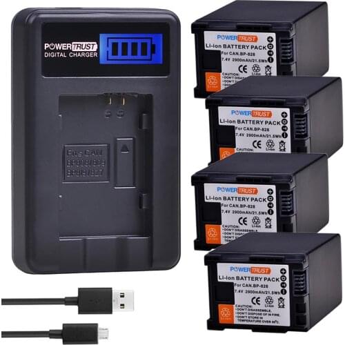 4Pcs 2900mAh BP-828 BP 828 Battery + LCD USB Charger for Canon BP828 VIXIA GX10 HFS30 HF20 HG20 G30 G40 XA20 XA25 HFM300