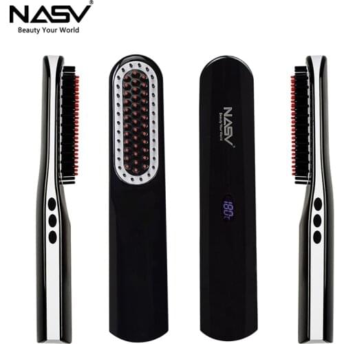 NASV Cordless USB Hair Straightener Brush Rechargeable Battery LCD Portable Electric Straight MINI Hair Comb Styling Tools