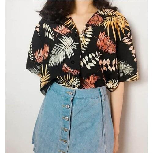 Leaves Printing Oversized Women Blouse Button Up Shirts Tops Summer Fashion Ladies short Sleeve Holiday Woman harajuku Tunic P5