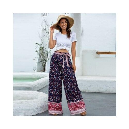 Spring Summer Womens New Casual Loose Print Wide Leg Pants Belt Womens Pants