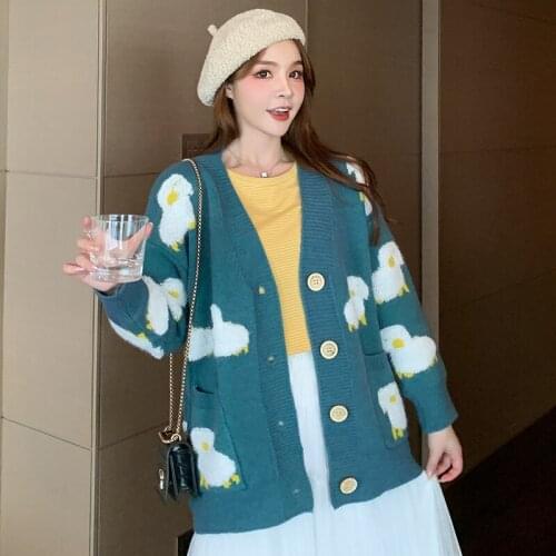 Cardigan Women Autumn Winter New Plus Size Knitted Cardigan Jacket Animal Pattern Blue Pure Loose Sweater V-neck Long Sleeves