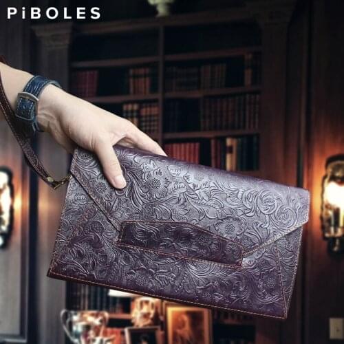 Handmade Retro Genuine Leather Men Clutch Bag Large Capacity Cowhide Handbag Card Holder Ipad Wallet Long Hand Bag Business