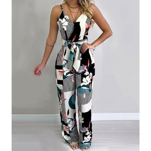 Imcute Women Boho Romper Floral Casual Summer Jumpsuit Sleeveless Loose Long Pants Trousers Holiday Beach Female Overall