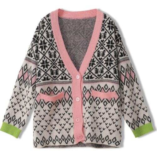 Autumn Winter Christmas Vinatge Oversize Women Sweaters Diamond Striped Embroidery V-Neck Loose Knit Cardigan Coat Clothes