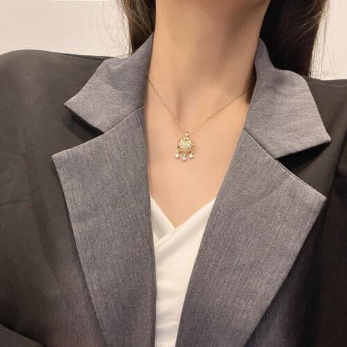 TIMEONLY Vintage Hollow Lucky Lock Pendant Necklace White Color Crystal Titanium Steel Neckalces for Women Girls Accessories