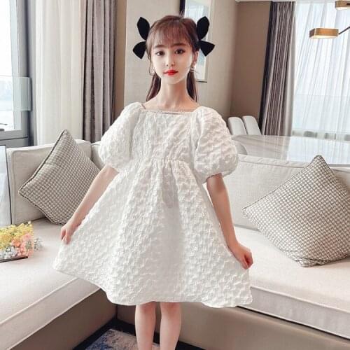 4-10 Years Big Girls Dresses 2021 Summer New Childrens Fashion Puff Sleeve Dress Korean Solid Folds Teen Girls Princess Dresses