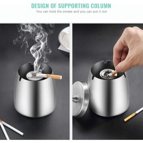 Hot Ashtray Stainless Steel with Lid Heavy Ashtray Storm-Wind Non-Slip Base for Outside and Inside Silver