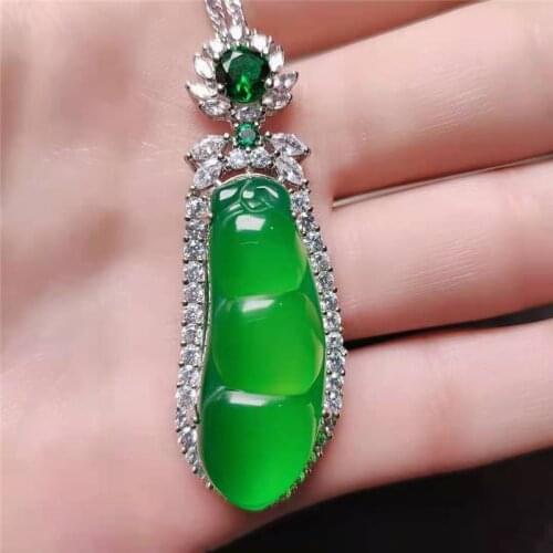 Fine Jewelry Natural Green Jade Emerald Beans Pendants Necklaces Sterling Silver 925 Necklaces For Women Charm 925 Jewelry Gift