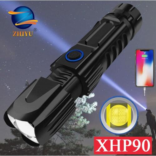 ZHIYU XHP90 Tactical Flashlight LED USB Rechargebale Torch Zoom Power Bank Flash Lights with Bottom Attack Cone Camping Lanterns