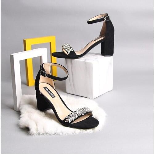 Black thick-heeled open-toed womens shoes new minimalist cool wind silvery white rhinestone bracelet with womens sandals