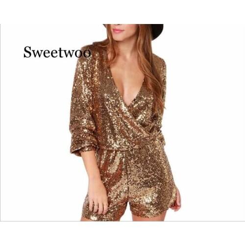 Women Sequins Jumpsuit Sexy Spot Gold Silver Rompers V-neck Shorts female Plunging DS Dance Party Overalls