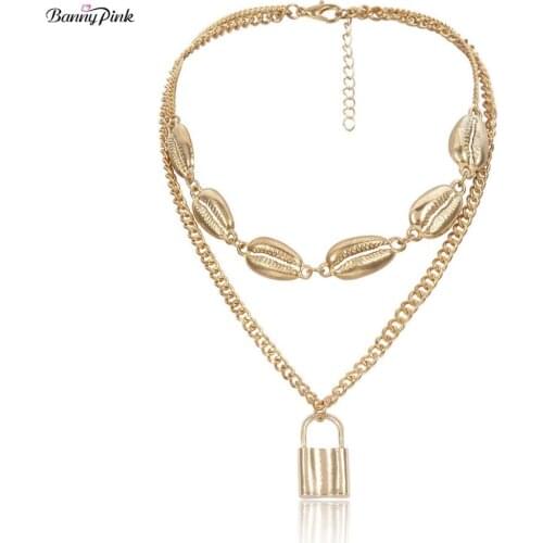 Banny Pink High Street Metal Padlock Pendant Choker Necklace For Women Sexy Metal Conch Layer Chain Clavicle Choker Colliers