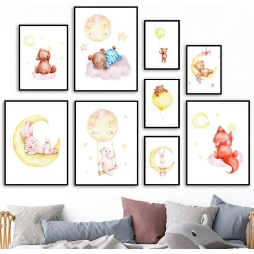 Stars moon Balloon Rabbit Fox Polar Bear Nursery Wall Art Print Canvas Painting Nordic Poster Wall Pictures Baby Kids Room Decor
