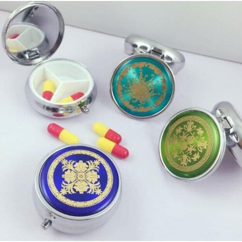 1 Pc Travel Makeup Storage Container Metal Round Flower Print Folding Pill Case Medicine Organizer Box Random