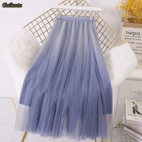 2021 Spring Summer Gradient Mesh Long Skirt Women High Waisted Casual Vintage Skirts Harajuku Korean Style Pleated Skirt Female