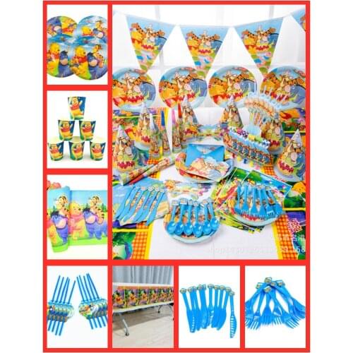 82Pc/set Winnie Bear Party Supplies Disposable Tableware Tablecloth Banner Plates Cups Birthday Decorations Favors Gifts