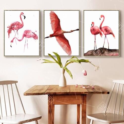 Watercolor Birds Animals Canvas Art Painting Pink Flamingo Posters and Prints Hand Drawn Wall Picture for Living Room No Framed
