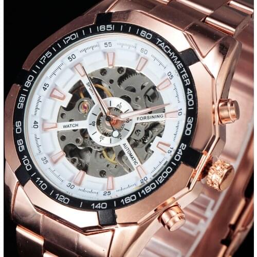 FORSINING Steampunk Automatic Luxury Watches Men Dodecagon Tachymeter Case Skeleton Dial Steel Band Mechanical Rose Gold Watch