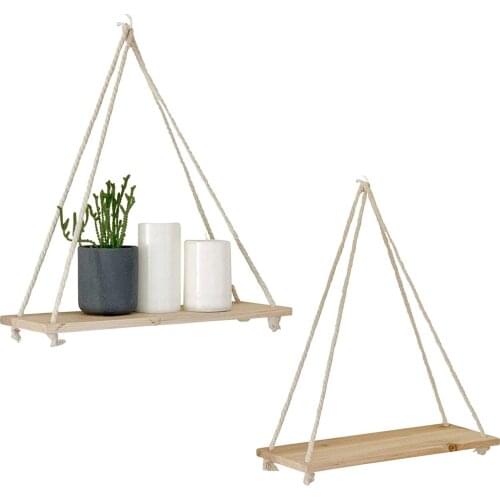 Premium Wood Swing Hanging Rope Wall Mounted Floating Shelf Rustic Storage Plant Flower Pot Display Indoor Outdoor Decoration