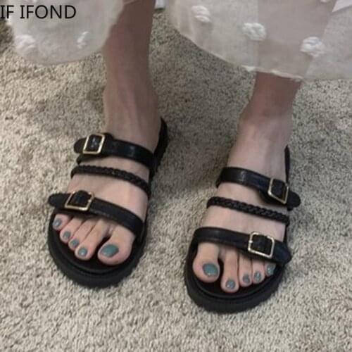 IF IFOND Fashion Metal Buckle Pu Leather Slippers Sandals Women Shoes Summer Ankle Strap Weave Slides Woman Platform Slippers