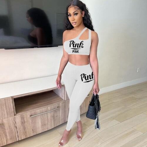 RMSFE 2021 Hot Sale Movement Yoga Sexy Simple Single Shoulder Navel Short Vest + Letter Printing Shorts 2 Piece Womens Set