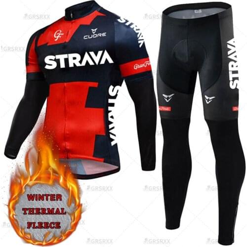 STRAVA Winter Cycling Set Pro Bicycle Team Bike Racing Anit-UV Long Sleeve Set With 5D Gel Padded Keep Warm Cycling Suit