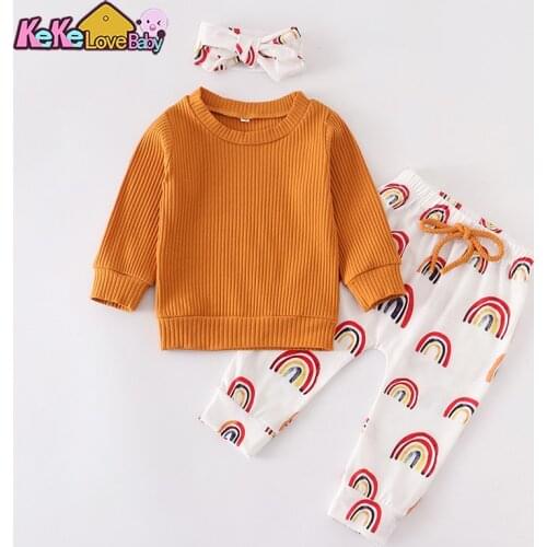 3Pcs Newborn Baby Girls Clothes Set Turmeric Color Knitting Long Sleeve Tops Rainbow Pants And Headband Infant Clothing Outfits