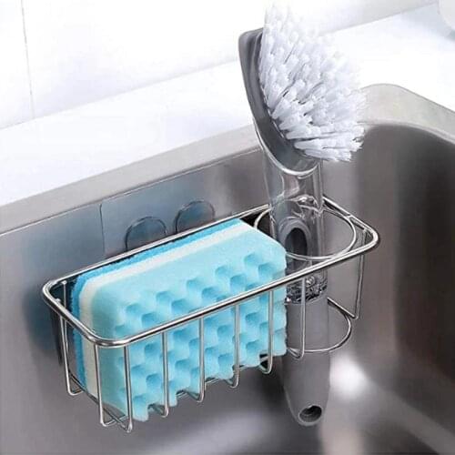 Kitchen Stainless Steel Sponge Holder Waterproof Sink Organizer Sponge Rack with Wall Sticker Kitchen Soap Drainer Shelf Basket