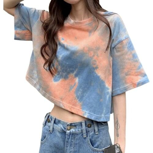 ZuoLunOuBa Summer New Style Short Sexy Women T Shirt Tie-dye Harajuku Letters High Waist Tees Loose Short Sleeves Tops Female