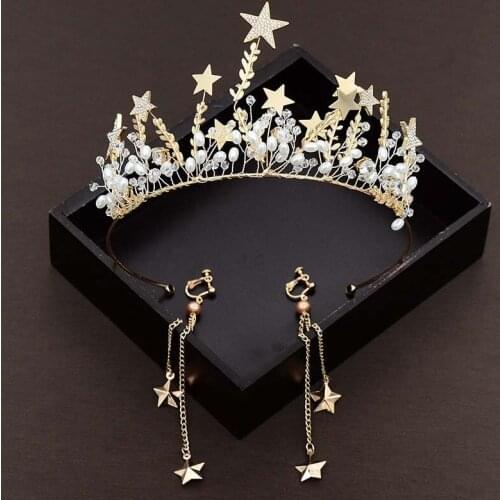 Trendy Gold Color Pentagram Bride Crown Jewelry Rhinestone Stars Crown Tiaras For Bride Princess Wedding Hair Jewelry BH
