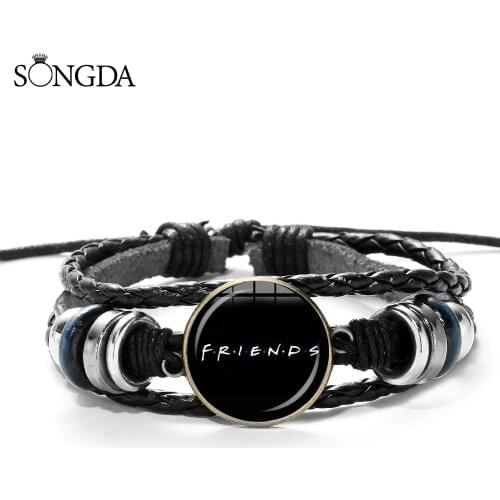 Cartoon Fun Friends TV Show Charm Bracelet Classic Black Multi-layer Braided Leather Bracelet Men Women Best Friend Gift