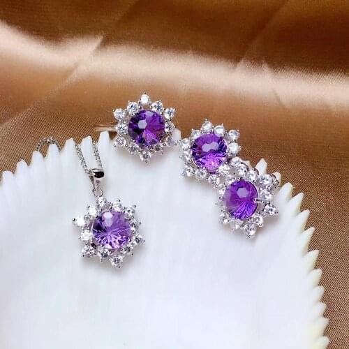 New purple amethyst ring stud earrings and necklace for women jewelry set fine jewelry round gem fashion ornament birthday gift