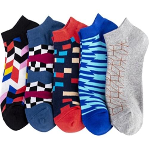 2020 New Mens Short Socks Fashion Colorful Geometric Figure Series Boat Socks Men Casual Cotton Socks 5 Pairs Size 39-46