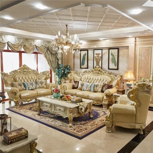 European-style Leather Extra-large Sofa Wood Carving First Layer Cowhide Villa Hotel Lobby Luxury Sectional Sofa Furniture