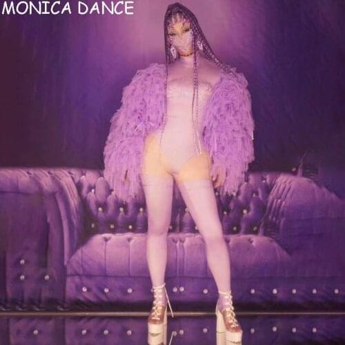 Sexy Purple Rhinestone Party Jumpsuit Women Elastic Strechy Mesh Sleeve Crystal Bodysuit Club Prom Dancer Leotard Stage Jumpsuit