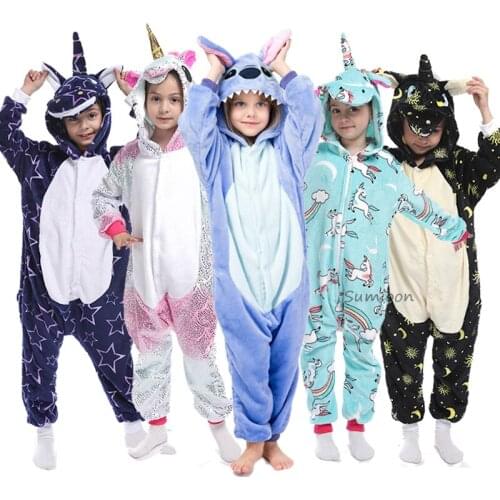 Unicorn Kigurumi Kids Sleepwear Boys Girls Stich Panda Pajamas Children Funny Animal Winter Onesies Girls Unicorn Flannel Pyjama