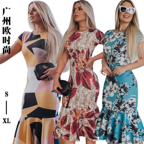 Dress summer sexy tight bag hip print lotus leaf edge dress