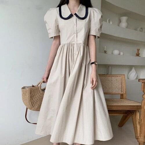Summer One-piece Dress Korea Women Chic Temperament Elegant Turn-down Collar Fungus Stitching Empire Thin Puff Sleeve Long Dress