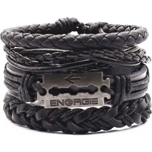 Black Blade Cross Blade 4 Pcs/set Vintage Owl Braided Wrap Leather Bracelets for Men Vintage Charm Wood Beads Ethnic