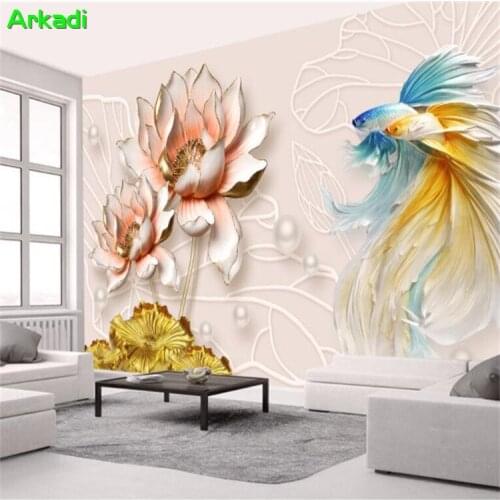 Custom 3d Wallpaper Embossed Lotus Jewelry Goldfish Background Wall Photo Flower Home Decoration Mural